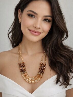 Gold Tone Statement‎ Necklace Chunky Faceted Beads Amber & Champagne Acrylic